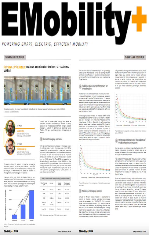 An article by Saad Khan and Thirumalai NC on making public EV charging affordable published in EMobility+