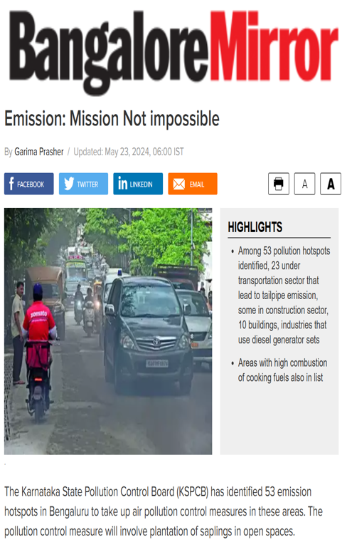 CSTEP’s emission inventory study for Bengaluru mentioned in an article in Bangalore Mirror