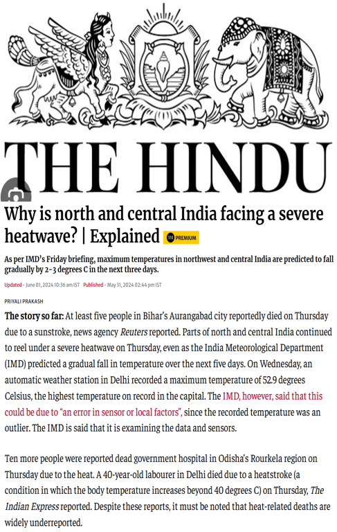 Indu K Murthy quoted on exacerbating heatwave conditions in India in an article published in The Hindu