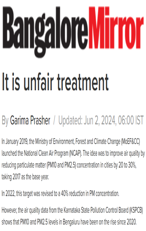 R Subramanian quoted on the need for strengthening public transport system to reduce air pollution in Bengaluru in an article in the Bangalore Mirror 