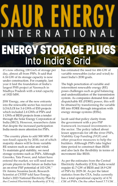 Ammu quoted on the need for storage systems such as pumped hydro projects to maintain grid stability