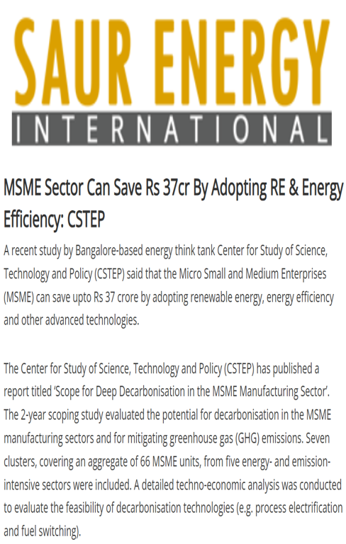 CSTEP’s MSME study mentioned in an article in Saur Energy