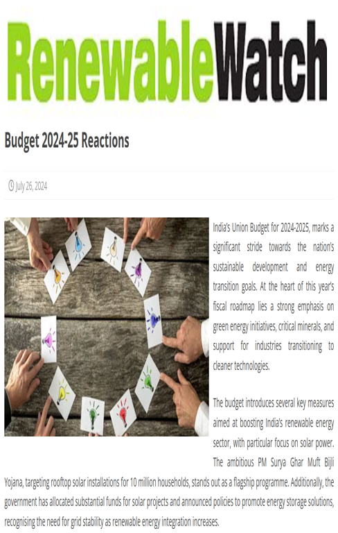 Anjali Taneja’s and Ammu Susanna Jacob’s budget reactions published in Renewable Watch