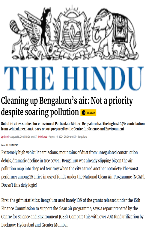 R Subramanian quoted on rising air pollution and low NCAP fund utilisation in Bengaluru