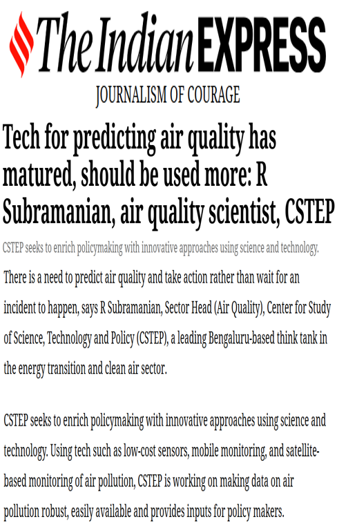 R Subramanian’s interview on CSTEP’s vision to enrich policymaking with innovative approaches using science and technology published in the Indian Express 