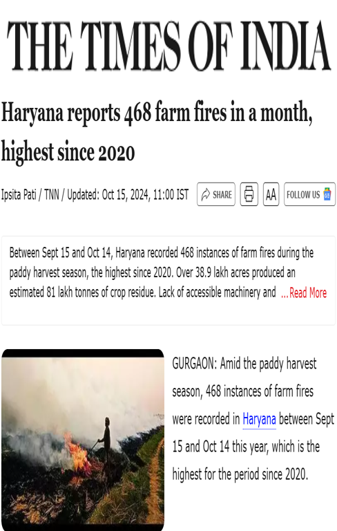 Swagata Dey quoted on the reasons forcing farmers to resort to stubble burning in an article in The Times of India