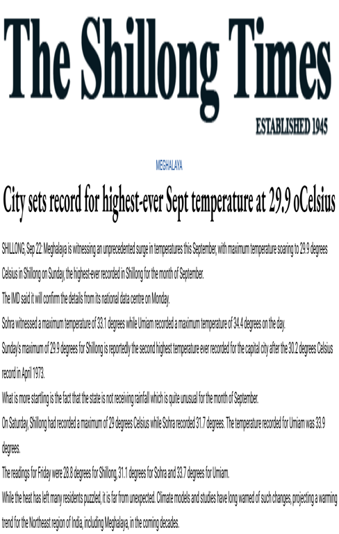 CSTEP’s study on district-level changes in climate for the Northeastern states of India mentioned in The Shillong Times