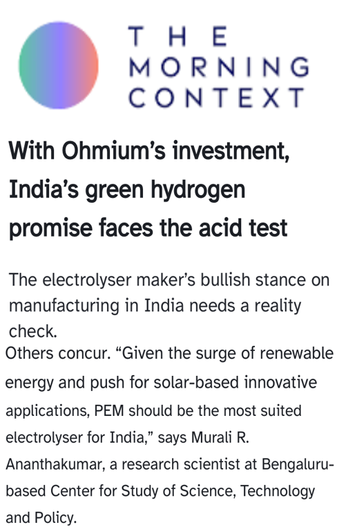 Murali R Ananthakumar’s quote on PEM electrolyser published in The Morning Context