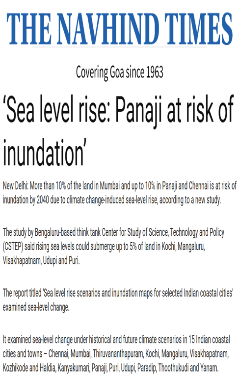 CSTEP’s study on sea level rise mentioned in an article in Navhind Times