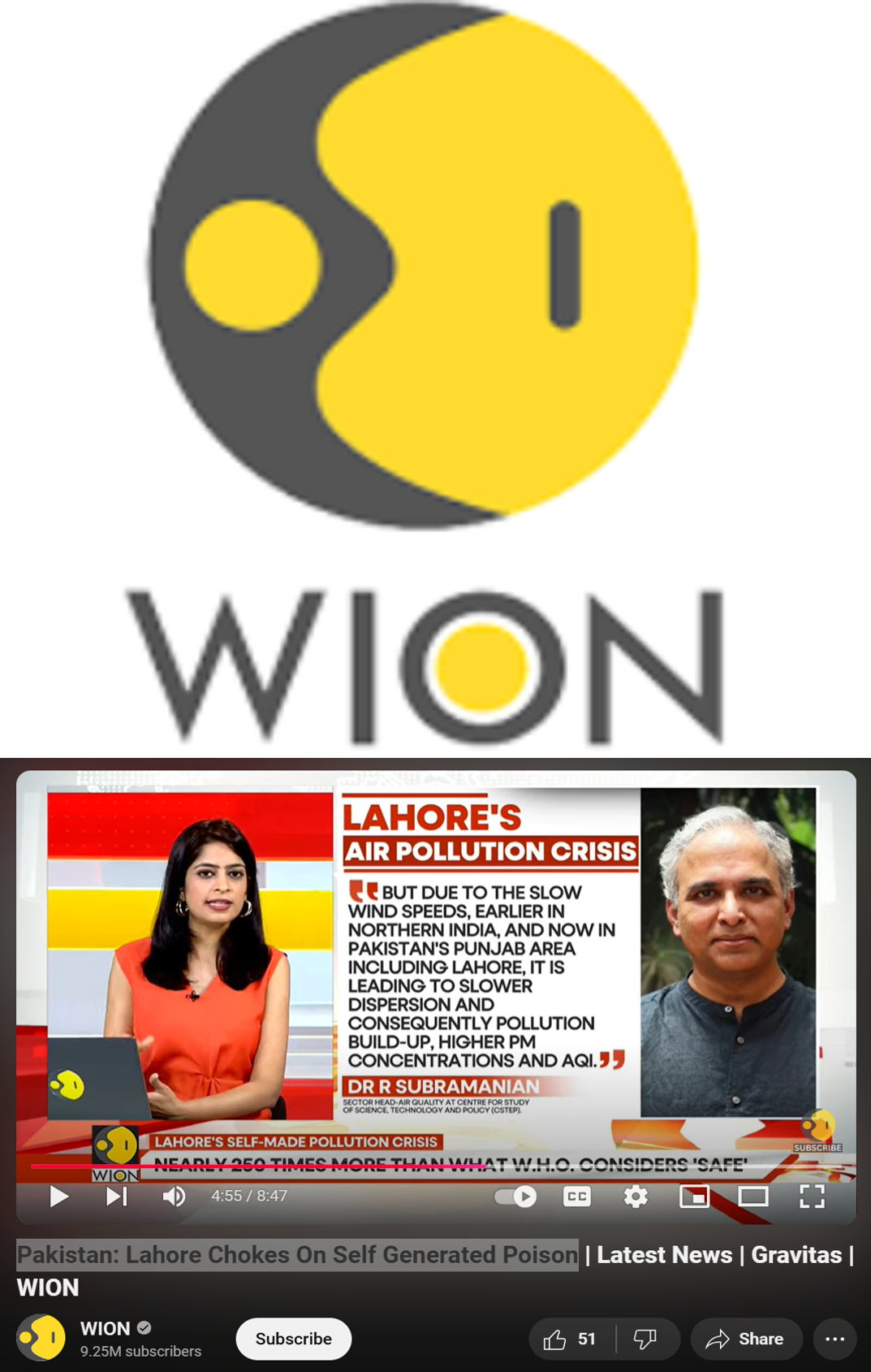 R Subramanian quoted on the reasons behind Lahore’s deteriorating AQI values by Wion News